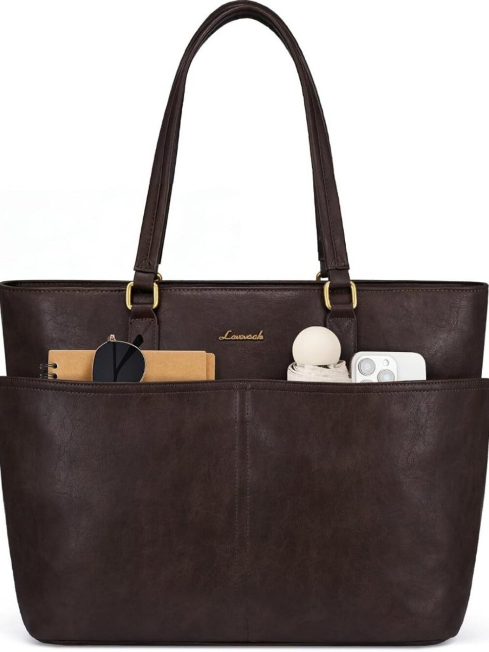 Stylish Vintage Leather Work Tote for Women, 15.6" Laptop Bag with Cup Holder
